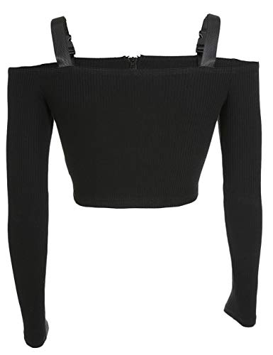 xxxiticat Women's Chic Fashion Off Shoulder Long Sleeve Cold Shoulder Knitted Zipper Up Tshirts Crop Tops Camis(T-BL,M) T-Black