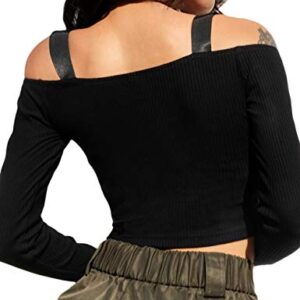 xxxiticat Women's Chic Fashion Off Shoulder Long Sleeve Cold Shoulder Knitted Zipper Up Tshirts Crop Tops Camis(T-BL,M) T-Black