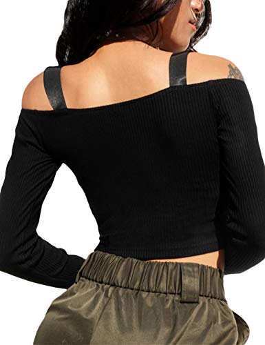 xxxiticat Women's Chic Fashion Off Shoulder Long Sleeve Cold Shoulder Knitted Zipper Up Tshirts Crop Tops Camis(T-BL,M) T-Black