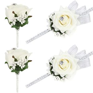 faybox wedding prom velvet rose rhinestone corsage and boutonniere set with silvery ribbon stretch bracelet (ivory*2)