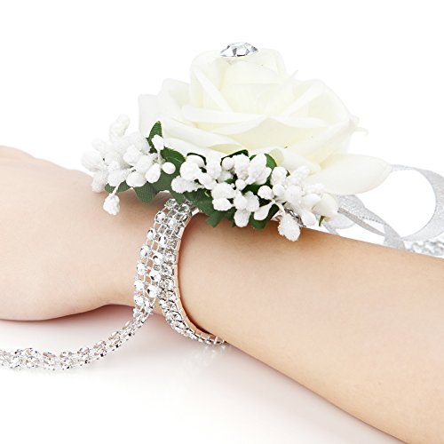 FAYBOX Wedding Prom Velvet Rose Rhinestone Corsage and Boutonniere Set With Silvery Ribbon Stretch Bracelet (Ivory*2)