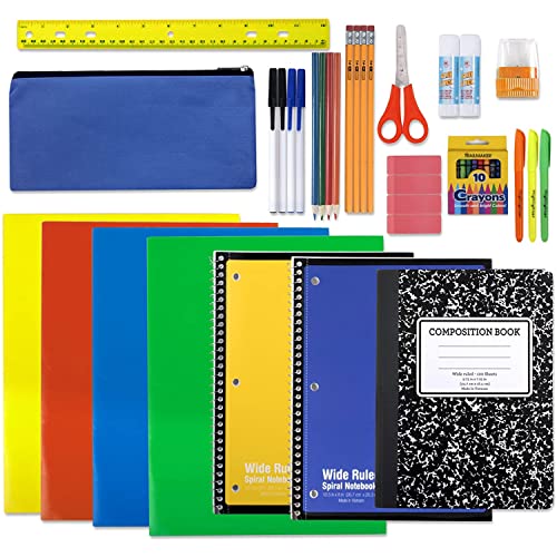 45 Piece School Supply Kit Grades K-12 - School Essentials Includes Folders Notebooks Pencils Pens and Much More!