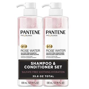 pantene sulfate free shampoo and conditioner set, rose water, soothing and moisturizing, nutrient infused with vitamin b5, for all hair types, safe for color treated hair,pro-v blends, 17.9 oz,2-count