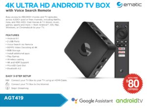 ematic 4k ultra hd android tv box with built-in chromecast + netflix. dual-band wi-fi (802.11ac) model: agt419