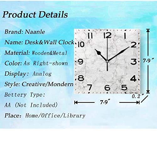 Naanle Chic 3D White Marble Stone Print Square Wall Clock, 8 Inch Battery Operated Quartz Analog Quiet Desk Clock for Home,Office,School