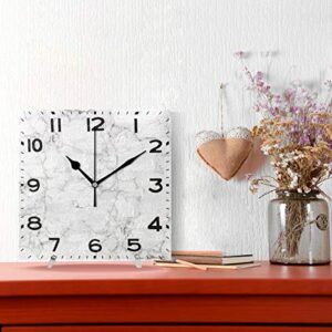 Naanle Chic 3D White Marble Stone Print Square Wall Clock, 8 Inch Battery Operated Quartz Analog Quiet Desk Clock for Home,Office,School