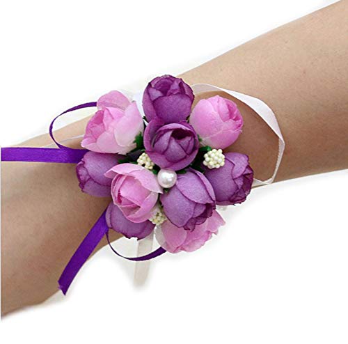 Charmly 4 Pcs Wrist Flower Wrist Corsage Hand Flower for Bride Bridesmaid Party Prom Purple