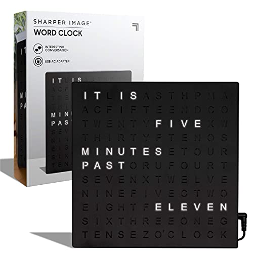 SHARPER IMAGE® LED Light-Up Word Clock, 7.75" Modern Design, Electronic Accent Wall or Desk Clock, USB Cord & Power Adapter, Unique Contemporary Home & Office Decor, Easy Setup, Housewarming Gift