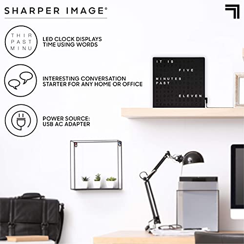 SHARPER IMAGE® LED Light-Up Word Clock, 7.75" Modern Design, Electronic Accent Wall or Desk Clock, USB Cord & Power Adapter, Unique Contemporary Home & Office Decor, Easy Setup, Housewarming Gift