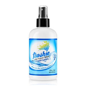 flushie pre-toilet spray 8 oz fresh linen scent bathroom deodorizer, poop spray, 8-ounce pump spray bottle