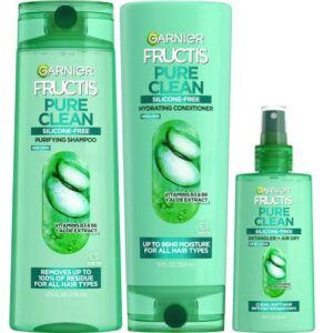 garnier fructis pure clean purifying shampoo, hydrating conditioner, and detangler + air dry spray set (3 items), 1 kit (packaging may vary)