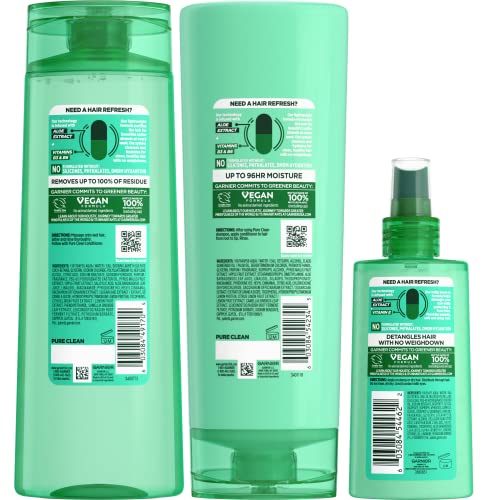 Garnier Fructis Pure Clean Purifying Shampoo, Hydrating Conditioner, and Detangler + Air Dry Spray Set (3 Items), 1 Kit (Packaging May Vary)