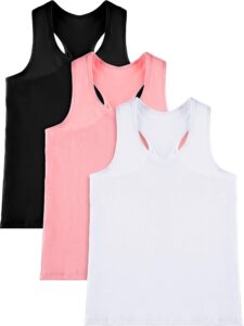 3 pieces girls dance tank top racerback crop tank top sleeveless dance top for ballet gymnastics dancewear (black, white, pink, 7-8 years)