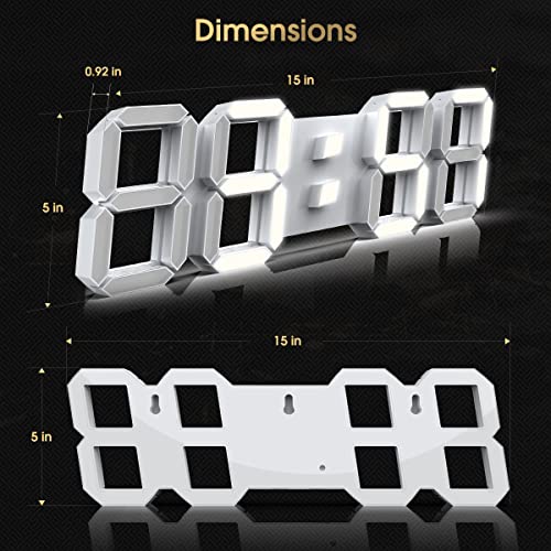 EDUP HOME 15" Large 3D LED Digital Wall Alarm Clock with Remote Control, LED White Light Nightlight Decor Clocks with Multi-Levels Brightness/Time/Date/Temperature Display, for Kitchen Bedroom Office