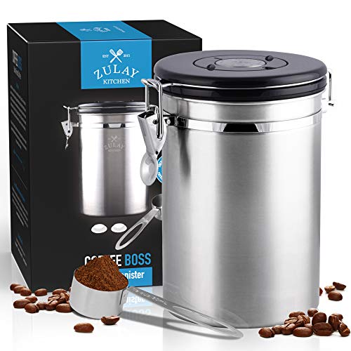 Zulay (Large) Airtight Coffee Canister - Stainless Steel Coffee Storage Canister with Scoop - Features Include a Date Tracker, Built-In One-Way CO2 Valve & 2 Spare Filter Replacements