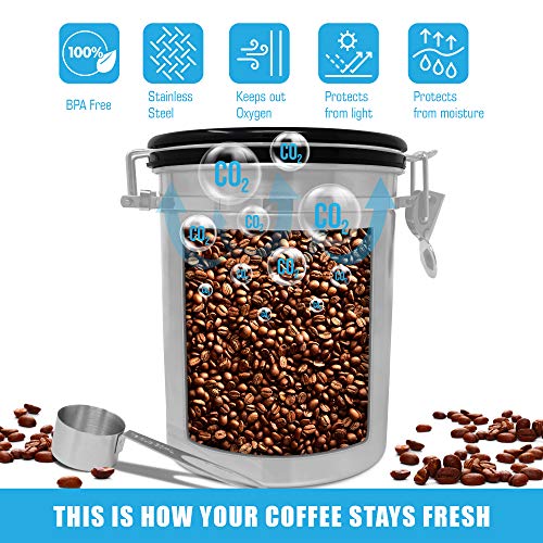 Zulay (Large) Airtight Coffee Canister - Stainless Steel Coffee Storage Canister with Scoop - Features Include a Date Tracker, Built-In One-Way CO2 Valve & 2 Spare Filter Replacements