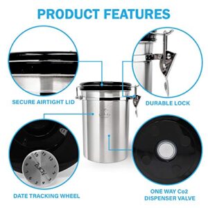 Zulay (Large) Airtight Coffee Canister - Stainless Steel Coffee Storage Canister with Scoop - Features Include a Date Tracker, Built-In One-Way CO2 Valve & 2 Spare Filter Replacements