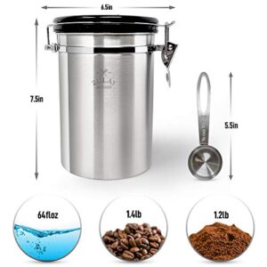 Zulay (Large) Airtight Coffee Canister - Stainless Steel Coffee Storage Canister with Scoop - Features Include a Date Tracker, Built-In One-Way CO2 Valve & 2 Spare Filter Replacements