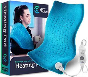 cure choice heating pad for back pain relief, 12"x24" large electric heating pad for shoulder/neck/knee/leg cramps, adjustable heat settings, 2h auto shut off, moist dry heat therapy, washable (blue)