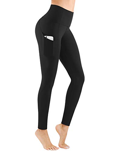 PHISOCKAT High Waist Yoga Pants with Pockets, Tummy Control 4 Way Stretch Women Yoga Leggings with 3 Pockets Black, Medium