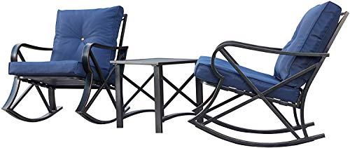 LOKATSE HOME 3-Piece Outdoor Patio Rocking Steel Furniture Bistro Set with 2 Rocker and 1 Metal Square Coffee Table(Blue Thickened Cushion)