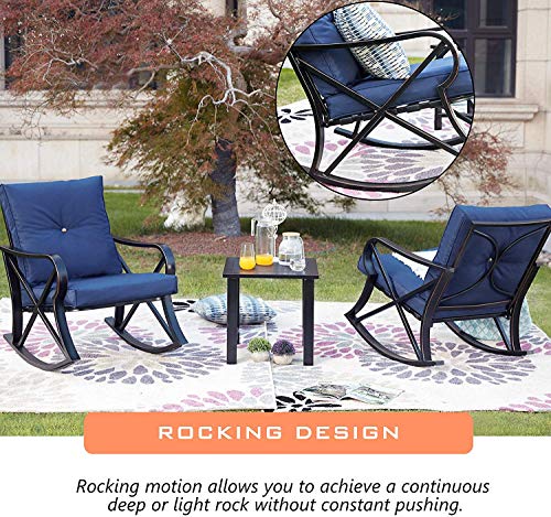 LOKATSE HOME 3-Piece Outdoor Patio Rocking Steel Furniture Bistro Set with 2 Rocker and 1 Metal Square Coffee Table(Blue Thickened Cushion)