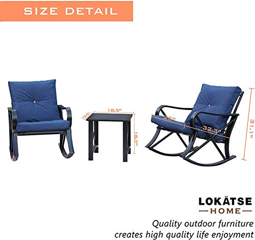 LOKATSE HOME 3-Piece Outdoor Patio Rocking Steel Furniture Bistro Set with 2 Rocker and 1 Metal Square Coffee Table(Blue Thickened Cushion)