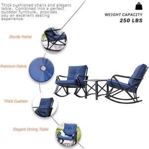 LOKATSE HOME 3-Piece Outdoor Patio Rocking Steel Furniture Bistro Set with 2 Rocker and 1 Metal Square Coffee Table(Blue Thickened Cushion)