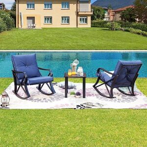 LOKATSE HOME 3-Piece Outdoor Patio Rocking Steel Furniture Bistro Set with 2 Rocker and 1 Metal Square Coffee Table(Blue Thickened Cushion)