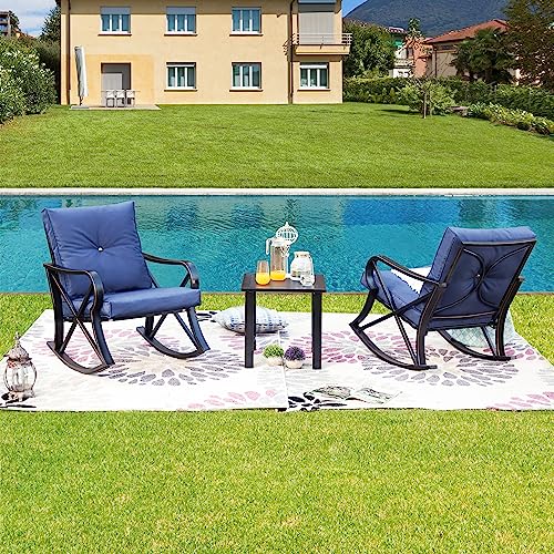 LOKATSE HOME 3-Piece Outdoor Patio Rocking Steel Furniture Bistro Set with 2 Rocker and 1 Metal Square Coffee Table(Blue Thickened Cushion)