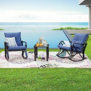 LOKATSE HOME 3-Piece Outdoor Patio Rocking Steel Furniture Bistro Set with 2 Rocker and 1 Metal Square Coffee Table(Blue Thickened Cushion)