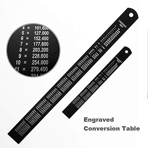 Vowcarol 6 inch Ruler and 12 inch Scale Set, Machinist Ruler, High Grade Black Stainless Steel Flexible Ruler, Laser-Etched Metal Ruler Kit with Conversion Table