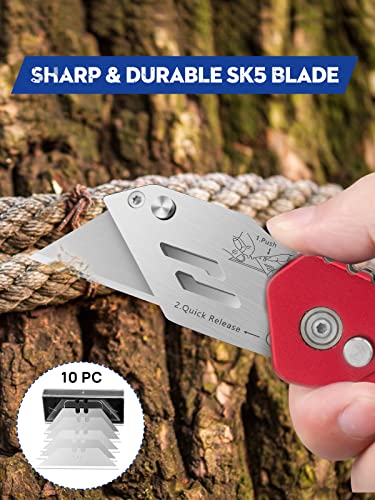 Utility Knife, BIBURY Upgraded Version Heavy Duty Box Cutter, Pocket Carpet knife with 10 Replaceable SK5 Stainless Steel Blades, Belt Clip, Easy Release Button, Quick Change and Safety Lock-Red