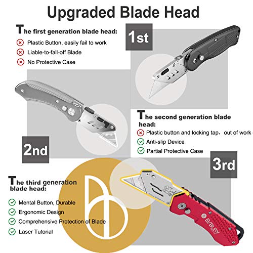 Utility Knife, BIBURY Upgraded Version Heavy Duty Box Cutter, Pocket Carpet knife with 10 Replaceable SK5 Stainless Steel Blades, Belt Clip, Easy Release Button, Quick Change and Safety Lock-Red