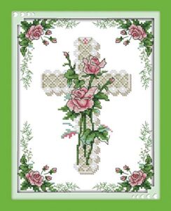 printed cross stitch kits 11ct 10x14 inch 100% cotton holiday gift diy embroidery starter kits easy patterns embroidery for girls crafts dmc stamped cross-stitch supplies needlework the cross rose