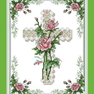 Printed Cross Stitch Kits 11CT 10X14 inch 100% Cotton Holiday Gift DIY Embroidery Starter Kits Easy Patterns Embroidery for Girls Crafts DMC Stamped Cross-Stitch Supplies Needlework The Cross Rose