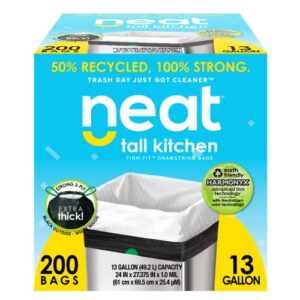 neat tall kitchen 13 gallon drawstring trash bags - (mega 200 count) - triple ply fortified, eco-friendly 50% recycled material, neutralize+ odor technology, reversible black and white garbage bags