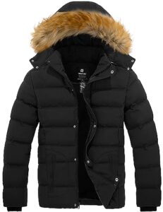 wantdo men puffer coat casual fur hooded warm winter jacket (black, medium)