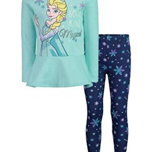 Disney Frozen Elsa Big Girls Fleece Long Sleeve Graphic T-Shirt and Leggings Outfit Set Turquoise/Blue 8