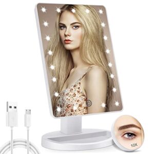 cosmirror lighted makeup vanity mirror with 10x magnifying mirror, 21 led lighted mirror with touch sensor dimming, 180°adjustable rotation, dual power supply, portable cosmetic mirror (white)