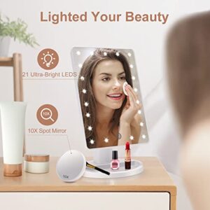 COSMIRROR Lighted Makeup Vanity Mirror with 10X Magnifying Mirror, 21 LED Lighted Mirror with Touch Sensor Dimming, 180°Adjustable Rotation, Dual Power Supply, Portable Cosmetic Mirror (White)