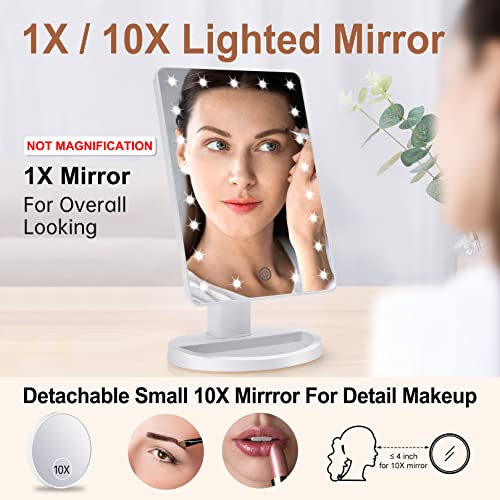 COSMIRROR Lighted Makeup Vanity Mirror with 10X Magnifying Mirror, 21 LED Lighted Mirror with Touch Sensor Dimming, 180°Adjustable Rotation, Dual Power Supply, Portable Cosmetic Mirror (White)