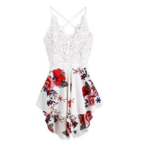 women's v-neck halter jumpsuit sling lace flower print shorts jumpsuit playsuit(white,l)