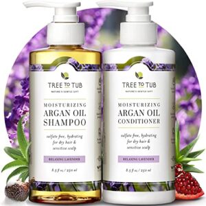 tree to tub hydrating sulfate free shampoo and conditioner set for dry hair, dry scalp, frizz - moisturizing argan oil shampoo and conditioner for women & men w/organic aloe vera all natural lavender