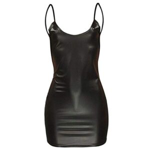 Women Latex Dress Sleeveless V-Neck Summer Clubwear Outfits Party Black Backless Leather Dresses Cosplay Fancy Lingerie Dress Forwomen(Black,XL)