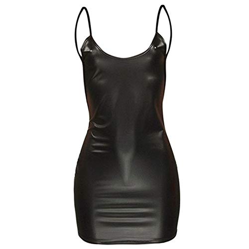 Women Latex Dress Sleeveless V-Neck Summer Clubwear Outfits Party Black Backless Leather Dresses Cosplay Fancy Lingerie Dress Forwomen(Black,XL)