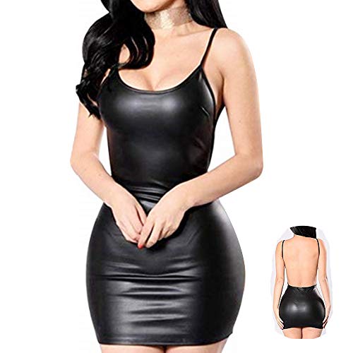 Women Latex Dress Sleeveless V-Neck Summer Clubwear Outfits Party Black Backless Leather Dresses Cosplay Fancy Lingerie Dress Forwomen(Black,XL)