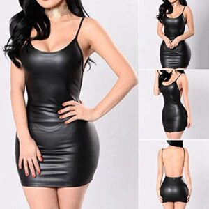 Women Latex Dress Sleeveless V-Neck Summer Clubwear Outfits Party Black Backless Leather Dresses Cosplay Fancy Lingerie Dress Forwomen(Black,XL)