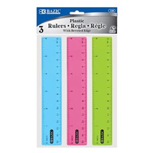 bazic plastic ruler 6" (26cm), inches centimeter metric measuring drafting rulers, for students school supplies (3/pack), 1-pack