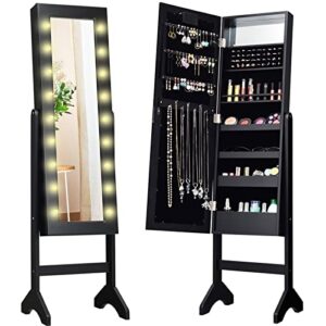 giantex standing jewelry armoire with 18 led lights around the door, large storage mirrored jewelry cabinet with full length mirror, 16 lipstick holders, 1 inside makeup mirror (black)